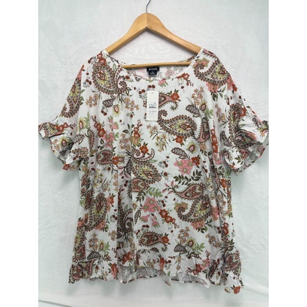 Women's Evans Plus Size 18 Tunic Blouse Paisley Island Spice Ruffled Sleeves NWT
